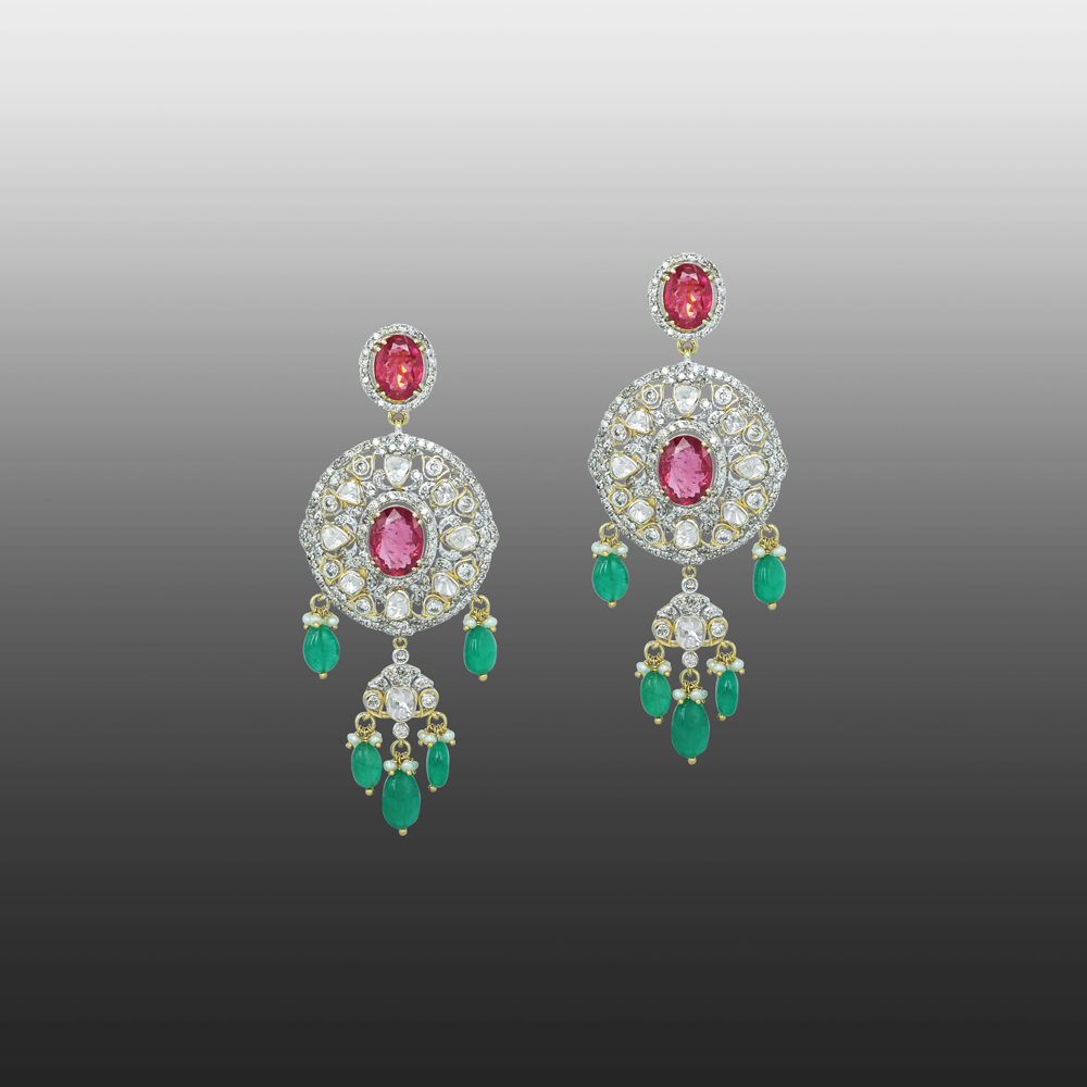Tourmaline Earrings with Polki Diamonds and Emerald Drops